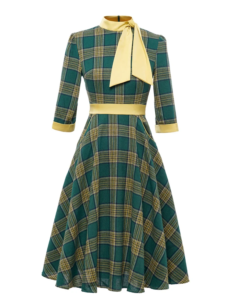 Tonval Bow Neck Green Plaid 50s Vintage 3/4 Length Sleeve Midi Dresses for Women Autumn Winter Pocket Side Retro Dress