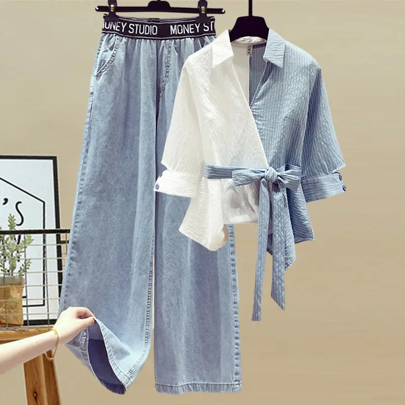 2026 Spring/Summer New In Matching Set Women's Fashion Splicing Lace Blouse Jeans Two Piece Set Korean Elegant Denim Pants Suit