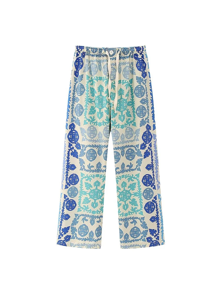 Vintage Women Loose Boho Two Piece Set 2023 Summer Fashion Ladies Vocation Satin Pant Sets Chic Female Trouser Suit Outfits