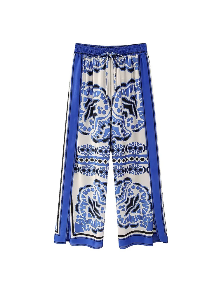 Vintage Women Loose Boho Two Piece Set 2023 Summer Fashion Ladies Vocation Satin Pant Sets Chic Female Trouser Suit Outfits