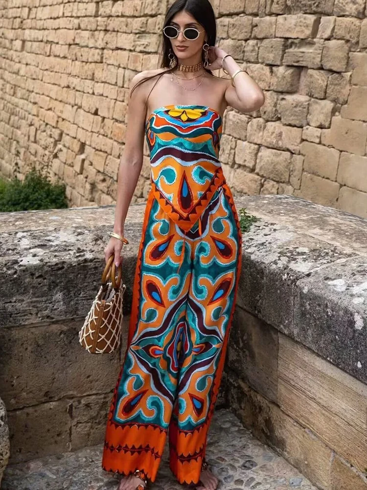 Vintage Women Loose Boho Two Piece Set 2023 Summer Fashion Ladies Vocation Satin Pant Sets Chic Female Trouser Suit Outfits