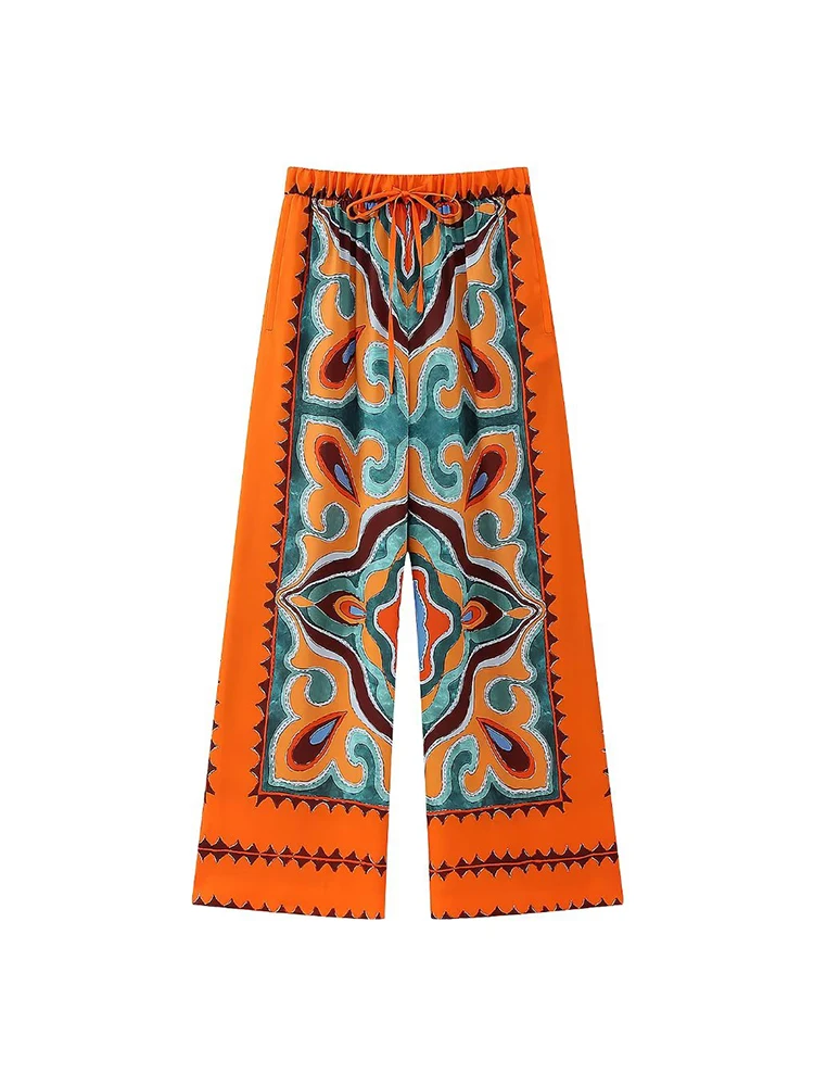 Vintage Women Loose Boho Two Piece Set 2023 Summer Fashion Ladies Vocation Satin Pant Sets Chic Female Trouser Suit Outfits