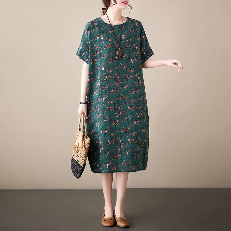 Cotton Linen Vintage Print Spring Summer Dresses For Women 2026 Short Sleeve Casual Loose Midi Dress Robe Femme Elegant Clothing