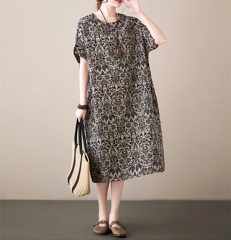 Cotton Linen Vintage Print Spring Summer Dresses For Women 2026 Short Sleeve Casual Loose Midi Dress Robe Femme Elegant Clothing