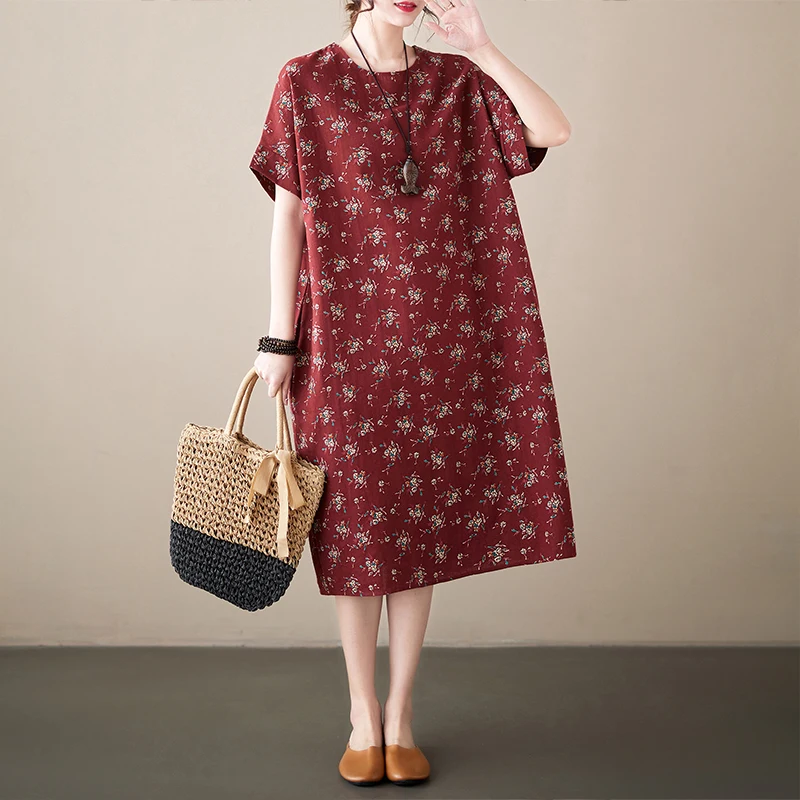 Cotton Linen Vintage Print Spring Summer Dresses For Women 2026 Short Sleeve Casual Loose Midi Dress Robe Femme Elegant Clothing