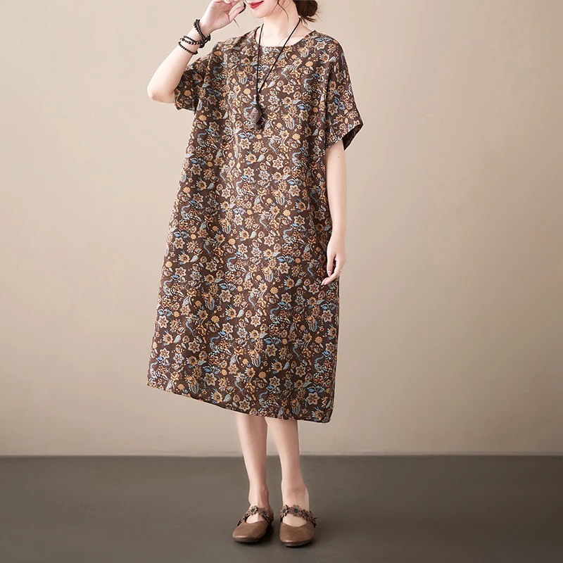 Cotton Linen Vintage Print Spring Summer Dresses For Women 2026 Short Sleeve Casual Loose Midi Dress Robe Femme Elegant Clothing