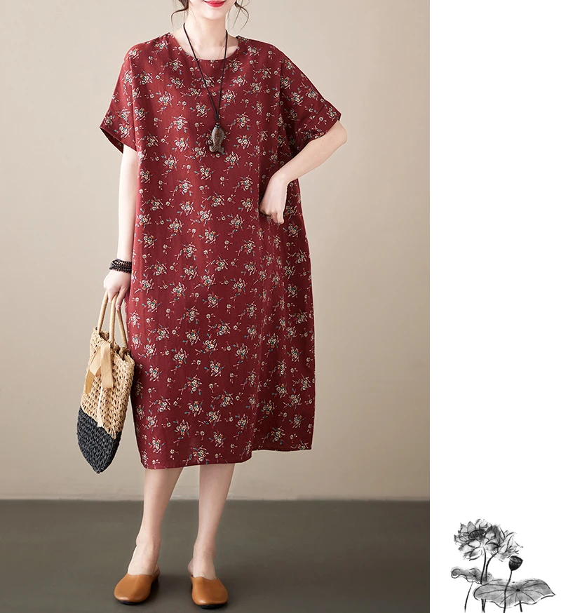 Cotton Linen Vintage Print Spring Summer Dresses For Women 2026 Short Sleeve Casual Loose Midi Dress Robe Femme Elegant Clothing