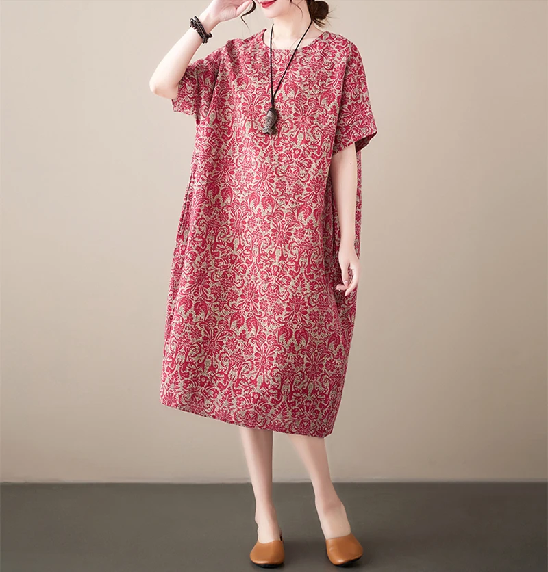 Cotton Linen Vintage Print Spring Summer Dresses For Women 2026 Short Sleeve Casual Loose Midi Dress Robe Femme Elegant Clothing