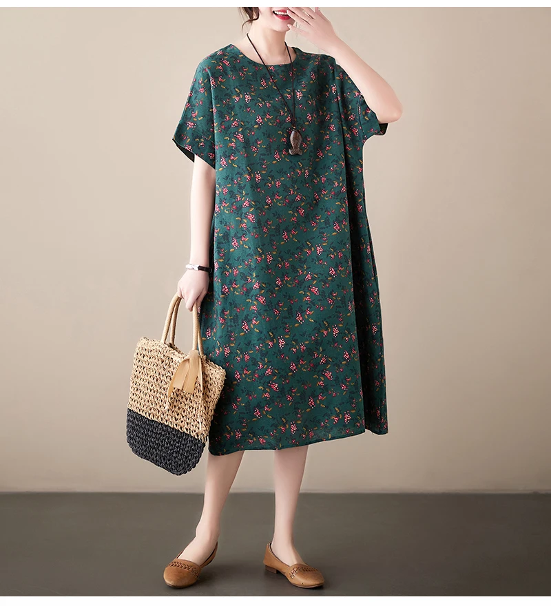 Cotton Linen Vintage Print Spring Summer Dresses For Women 2026 Short Sleeve Casual Loose Midi Dress Robe Femme Elegant Clothing