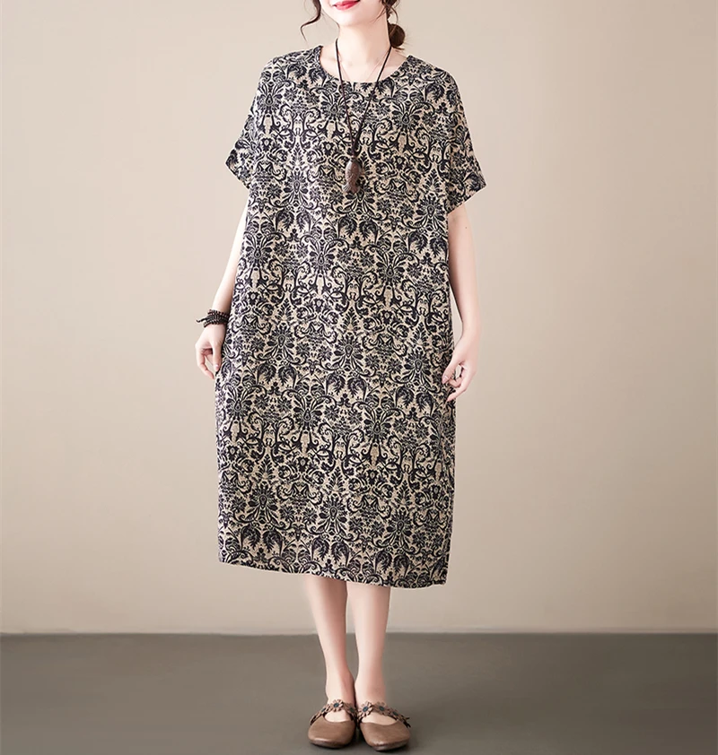 Cotton Linen Vintage Print Spring Summer Dresses For Women 2026 Short Sleeve Casual Loose Midi Dress Robe Femme Elegant Clothing