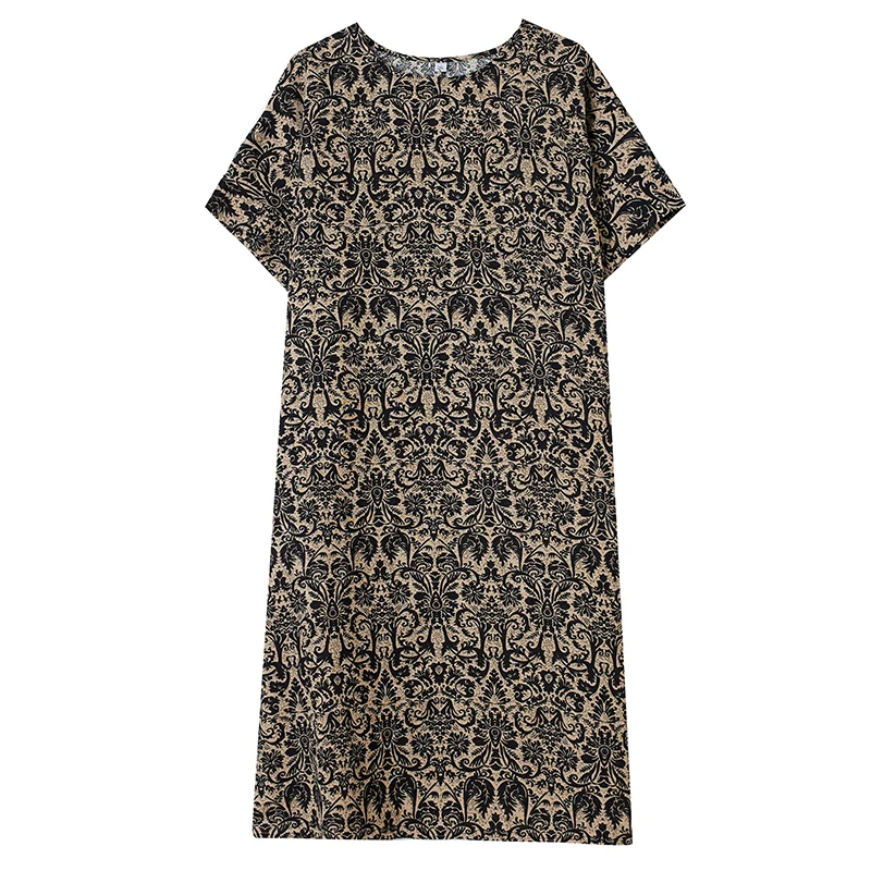 Cotton Linen Vintage Print Spring Summer Dresses For Women 2026 Short Sleeve Casual Loose Midi Dress Robe Femme Elegant Clothing