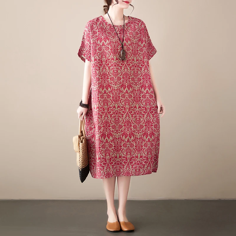 Cotton Linen Vintage Print Spring Summer Dresses For Women 2026 Short Sleeve Casual Loose Midi Dress Robe Femme Elegant Clothing