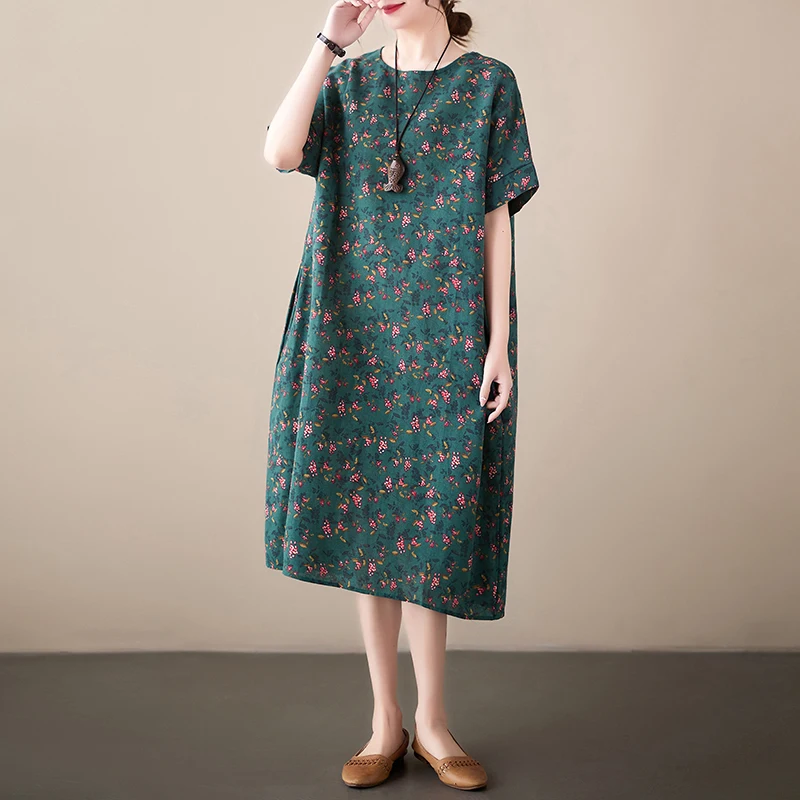 Cotton Linen Vintage Print Spring Summer Dresses For Women 2026 Short Sleeve Casual Loose Midi Dress Robe Femme Elegant Clothing