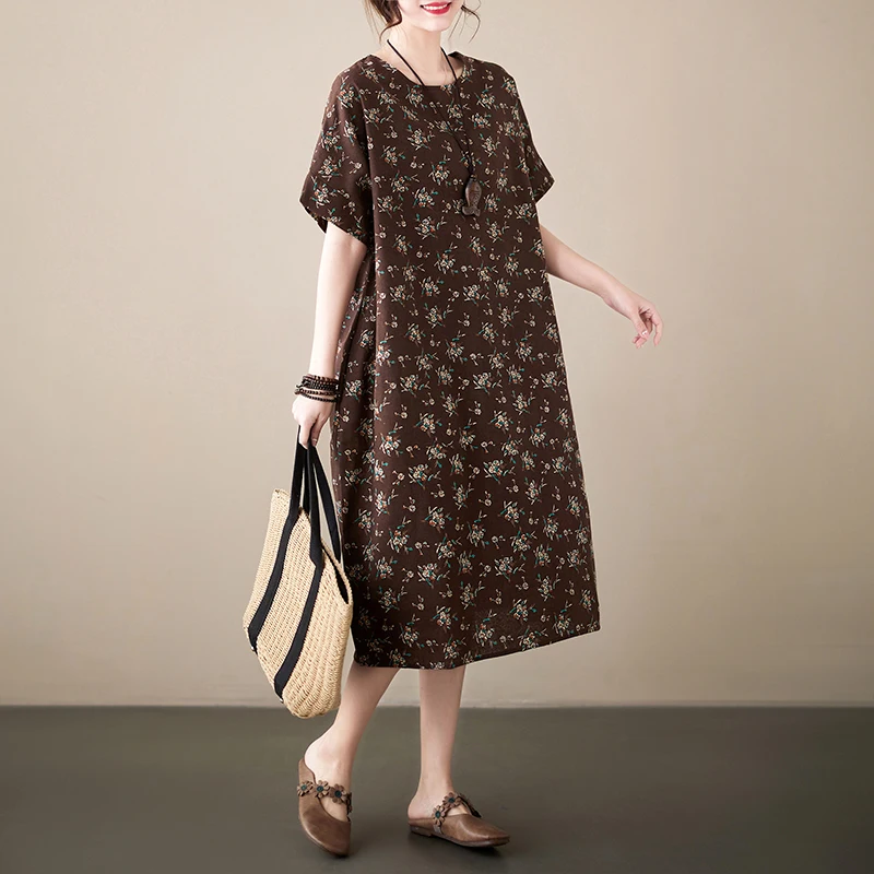 Cotton Linen Vintage Print Spring Summer Dresses For Women 2026 Short Sleeve Casual Loose Midi Dress Robe Femme Elegant Clothing