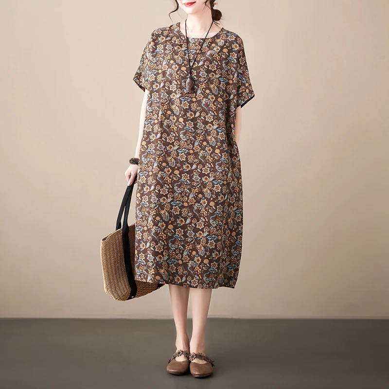 Cotton Linen Vintage Print Spring Summer Dresses For Women 2026 Short Sleeve Casual Loose Midi Dress Robe Femme Elegant Clothing