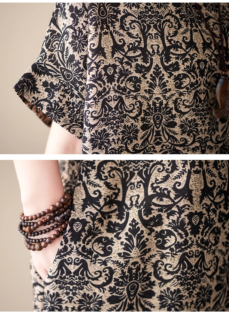 Cotton Linen Vintage Print Spring Summer Dresses For Women 2026 Short Sleeve Casual Loose Midi Dress Robe Femme Elegant Clothing
