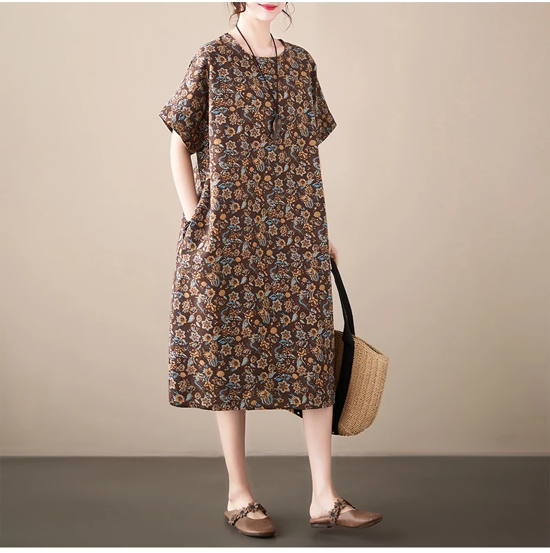 Cotton Linen Vintage Print Spring Summer Dresses For Women 2026 Short Sleeve Casual Loose Midi Dress Robe Femme Elegant Clothing