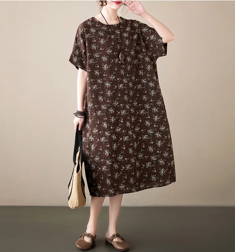 Cotton Linen Vintage Print Spring Summer Dresses For Women 2026 Short Sleeve Casual Loose Midi Dress Robe Femme Elegant Clothing
