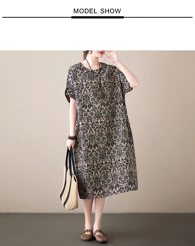 Cotton Linen Vintage Print Spring Summer Dresses For Women 2026 Short Sleeve Casual Loose Midi Dress Robe Femme Elegant Clothing
