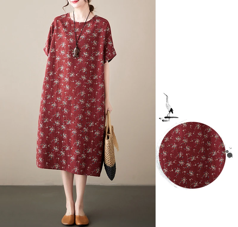 Cotton Linen Vintage Print Spring Summer Dresses For Women 2026 Short Sleeve Casual Loose Midi Dress Robe Femme Elegant Clothing