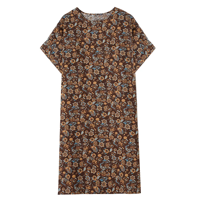 Cotton Linen Vintage Print Spring Summer Dresses For Women 2026 Short Sleeve Casual Loose Midi Dress Robe Femme Elegant Clothing