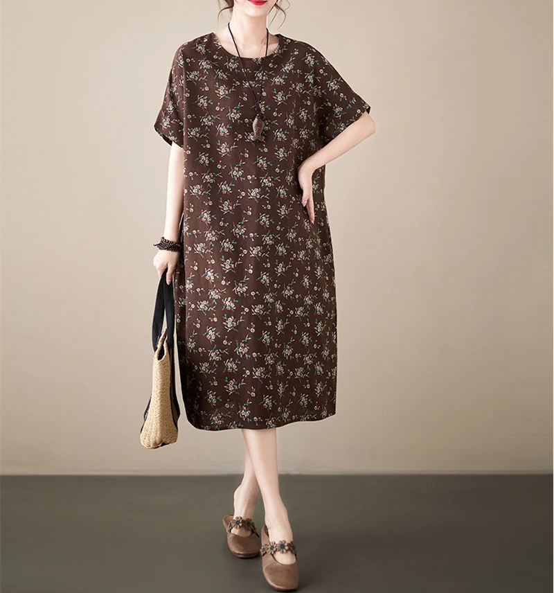 Cotton Linen Vintage Print Spring Summer Dresses For Women 2026 Short Sleeve Casual Loose Midi Dress Robe Femme Elegant Clothing