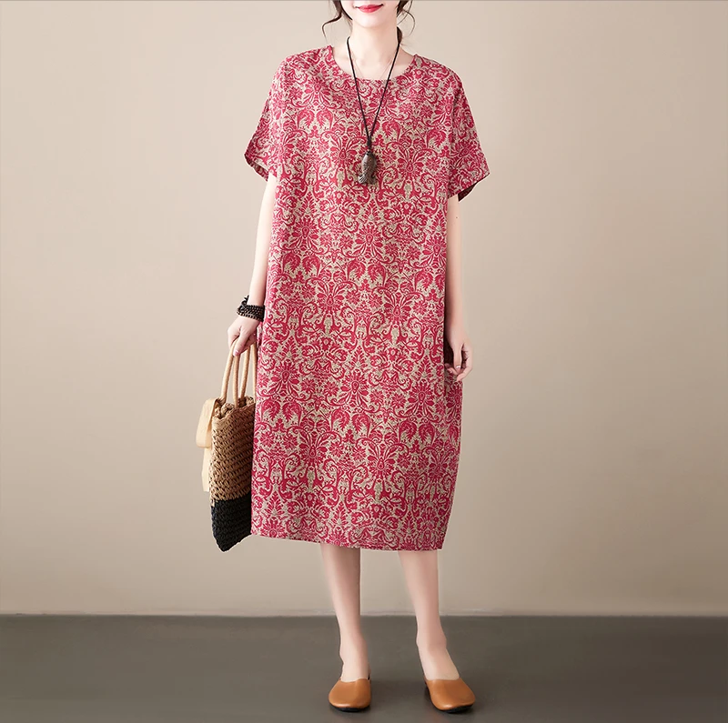 Cotton Linen Vintage Print Spring Summer Dresses For Women 2026 Short Sleeve Casual Loose Midi Dress Robe Femme Elegant Clothing