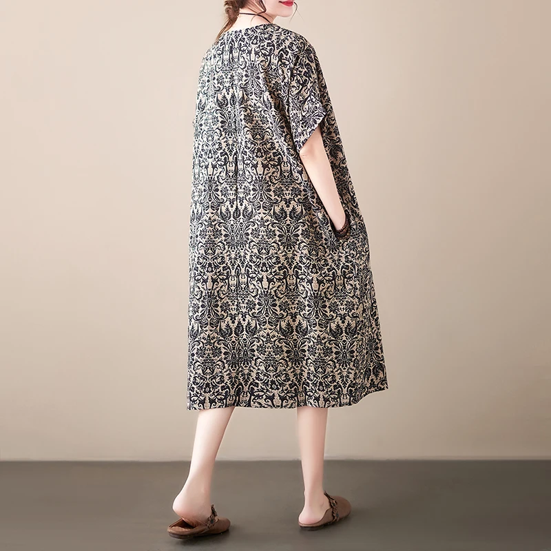Cotton Linen Vintage Print Spring Summer Dresses For Women 2026 Short Sleeve Casual Loose Midi Dress Robe Femme Elegant Clothing