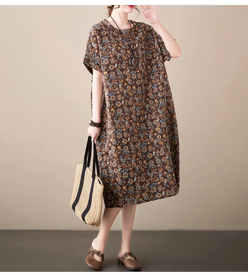 Cotton Linen Vintage Print Spring Summer Dresses For Women 2026 Short Sleeve Casual Loose Midi Dress Robe Femme Elegant Clothing