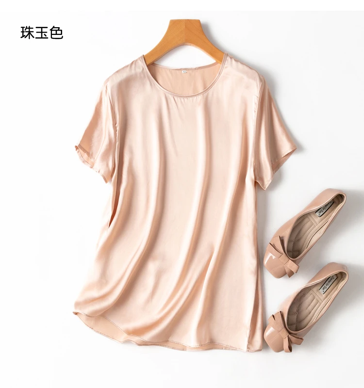 Tajiyane Women 100% Mulberry Silk 19 Momme half sleeve Round Neck Top Shirt Blouse T-shirt More Colors women's tops ropa mujer