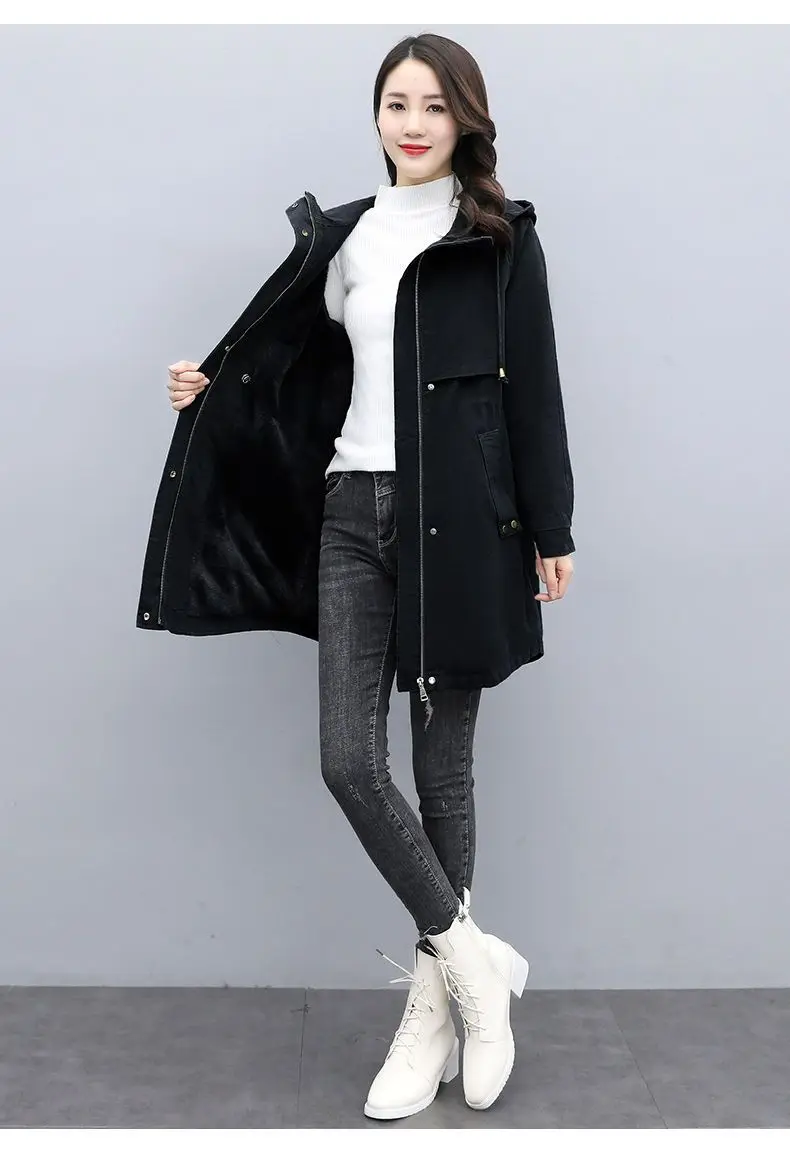 New Female Parka 2026 Winter New Korean Plush Thicken Women's Cotton Jacket Ladies Warm Hooded Coat Mid Length Casual Overcoat