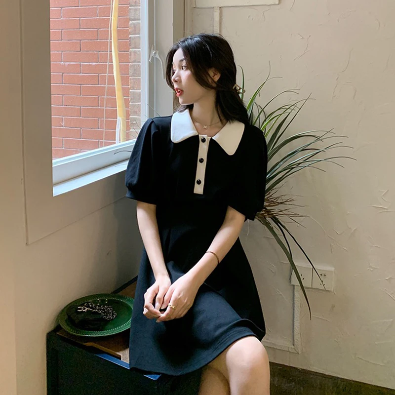 MEXZT Sweet Dress Women Puff Short Sleeve Slim A Line Mini Dress Student Preppy Style Kawaii Turn Down Collar High Waist Dress