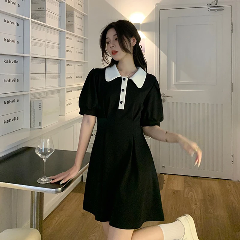 MEXZT Sweet Dress Women Puff Short Sleeve Slim A Line Mini Dress Student Preppy Style Kawaii Turn Down Collar High Waist Dress