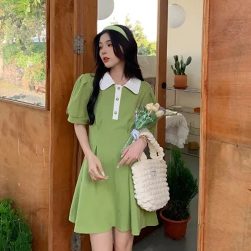 MEXZT Sweet Dress Women Puff Short Sleeve Slim A Line Mini Dress Student Preppy Style Kawaii Turn Down Collar High Waist Dress