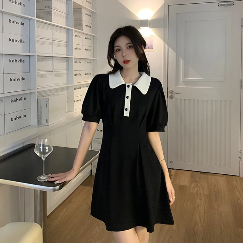 MEXZT Sweet Dress Women Puff Short Sleeve Slim A Line Mini Dress Student Preppy Style Kawaii Turn Down Collar High Waist Dress