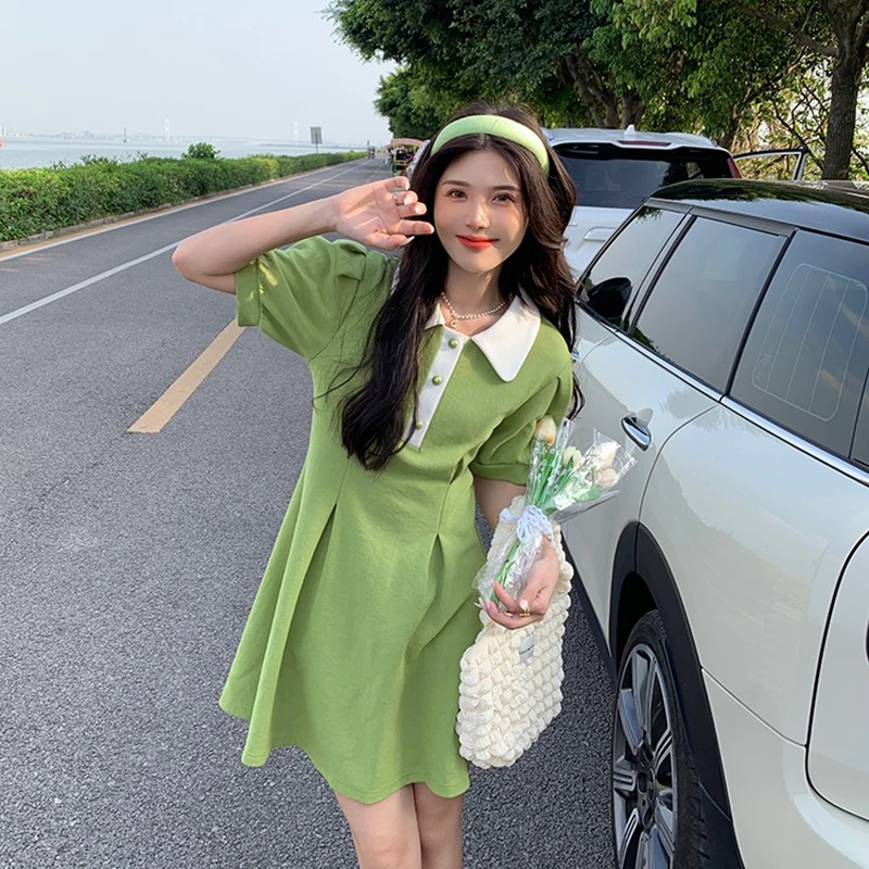 MEXZT Sweet Dress Women Puff Short Sleeve Slim A Line Mini Dress Student Preppy Style Kawaii Turn Down Collar High Waist Dress