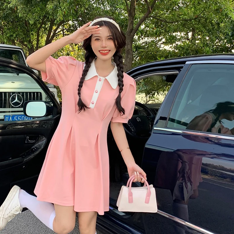 MEXZT Sweet Dress Women Puff Short Sleeve Slim A Line Mini Dress Student Preppy Style Kawaii Turn Down Collar High Waist Dress