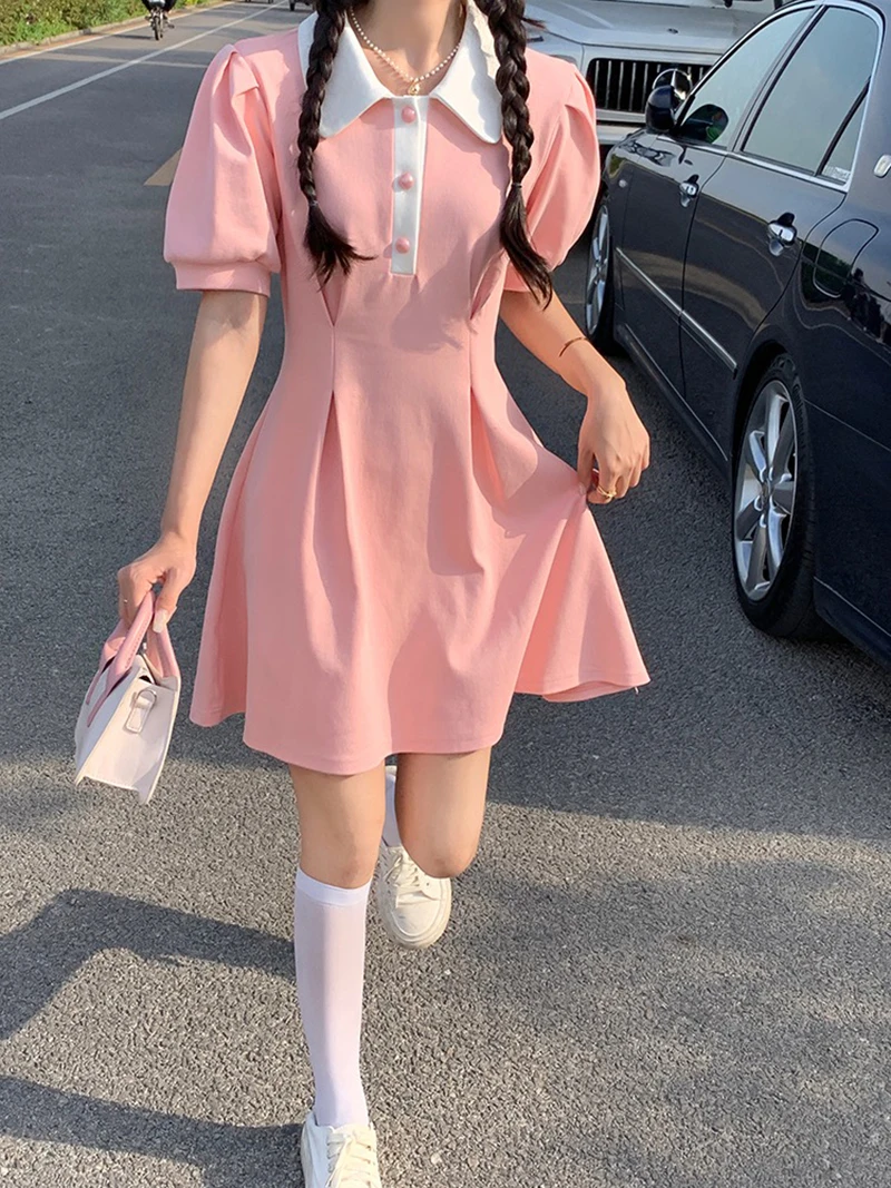 MEXZT Sweet Dress Women Puff Short Sleeve Slim A Line Mini Dress Student Preppy Style Kawaii Turn Down Collar High Waist Dress