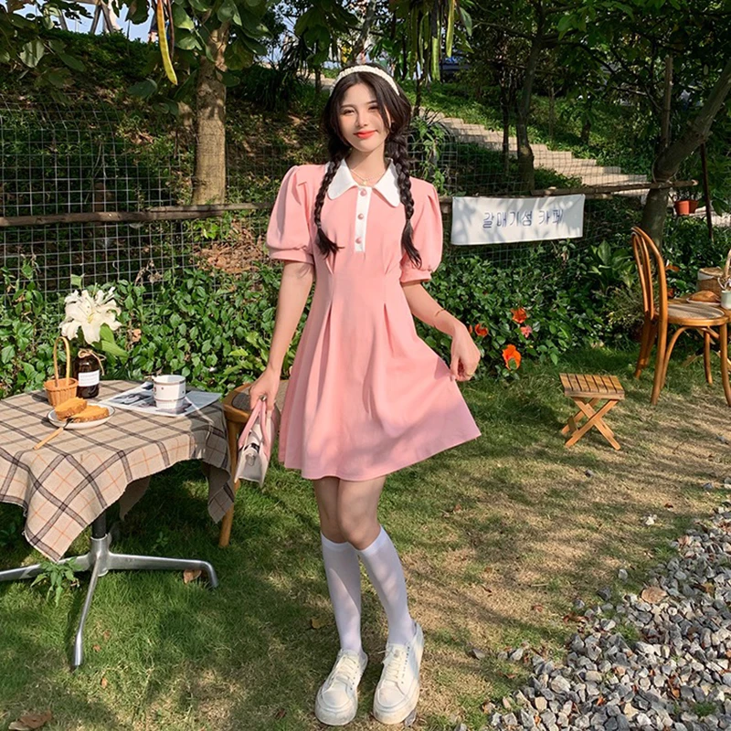 MEXZT Sweet Dress Women Puff Short Sleeve Slim A Line Mini Dress Student Preppy Style Kawaii Turn Down Collar High Waist Dress