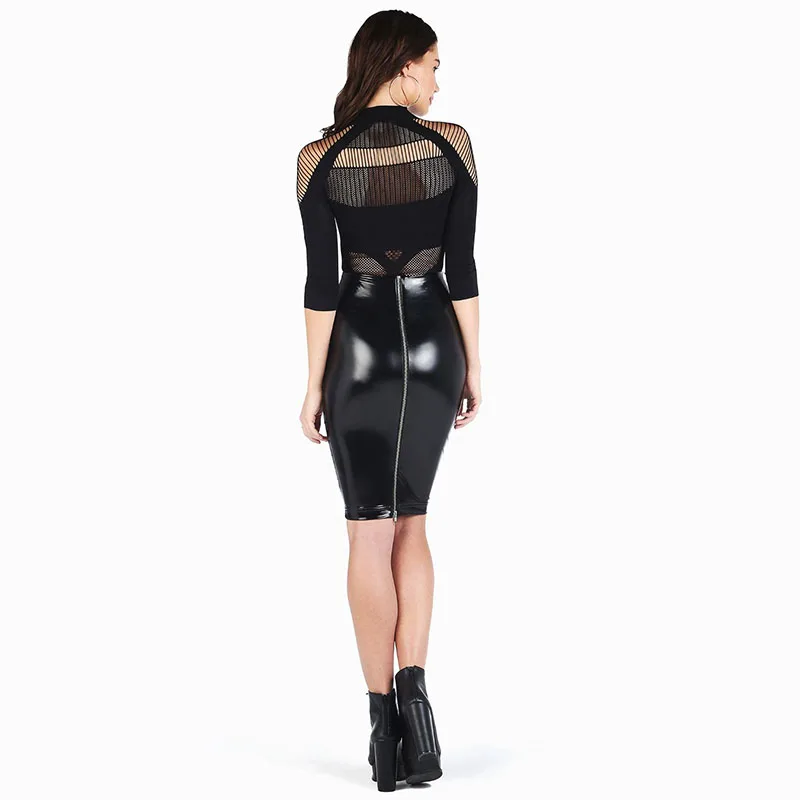 Women Casual PU Leather Bodycon Midi Skirt Ladies Faux Leather Pencil Skirt Hip Wrapped Back Zip Shiny PVC High Waisted Custom