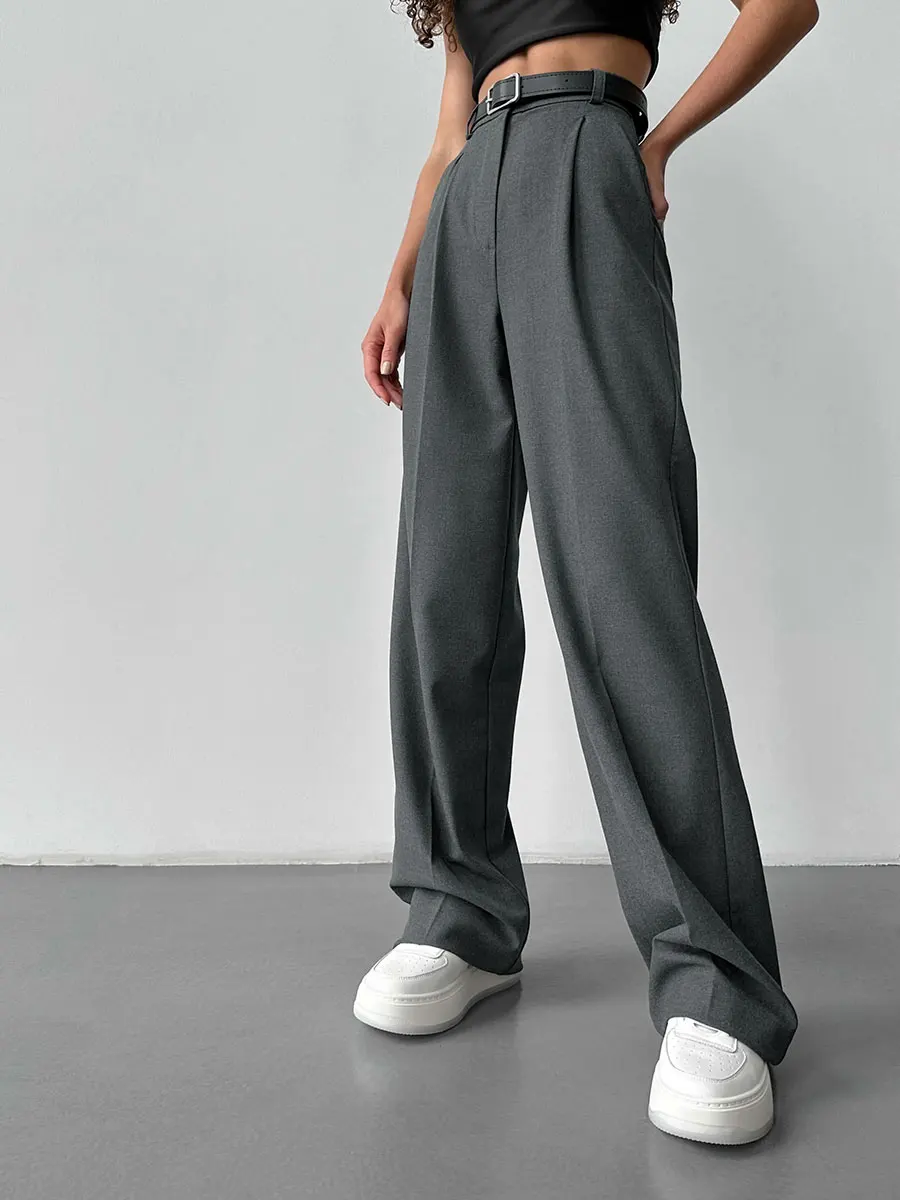 Bornladies Autumn Office Ladies Trousers Women High Waist Pants Pockets Female Summer Pleated Wide Leg Solid OL Pants Women