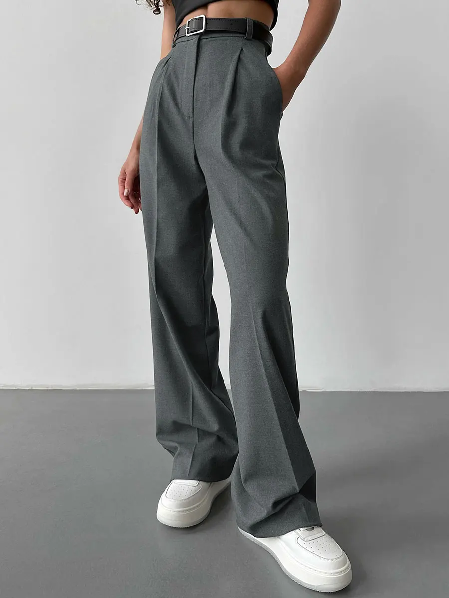 Bornladies Autumn Office Ladies Trousers Women High Waist Pants Pockets Female Summer Pleated Wide Leg Solid OL Pants Women