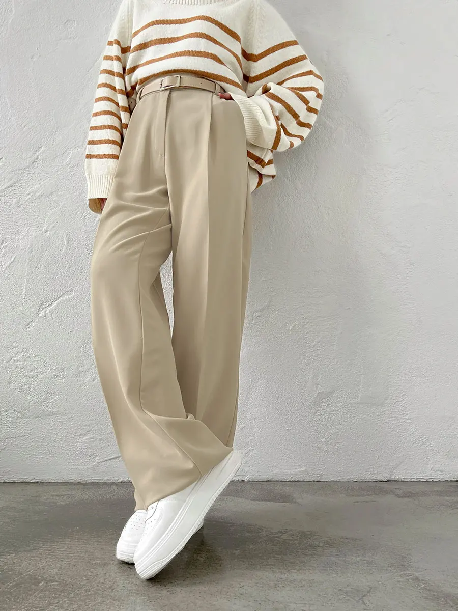 Bornladies Autumn Office Ladies Trousers Women High Waist Pants Pockets Female Summer Pleated Wide Leg Solid OL Pants Women