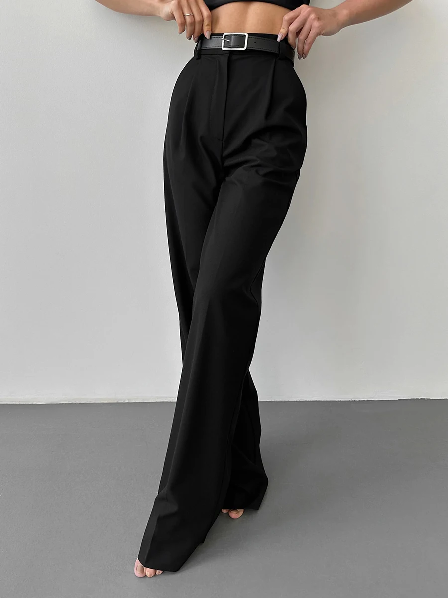 Bornladies Autumn Office Ladies Trousers Women High Waist Pants Pockets Female Summer Pleated Wide Leg Solid OL Pants Women