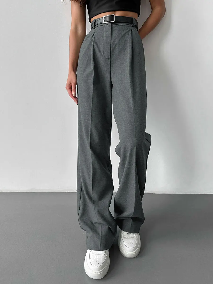 Bornladies Autumn Office Ladies Trousers Women High Waist Pants Pockets Female Summer Pleated Wide Leg Solid OL Pants Women