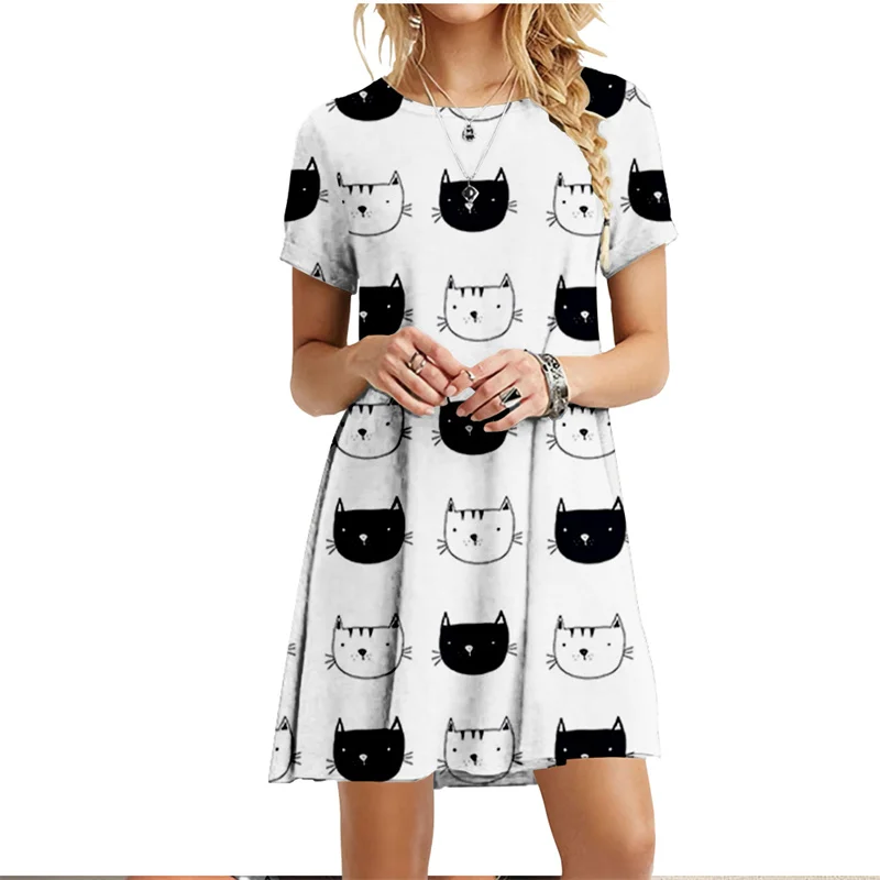 Painted Patters Cats Print Dress Short Sleeve Kawaii Women Dresses Summer For 2022 Fashion O-Neck Street Casual Loose Clothing