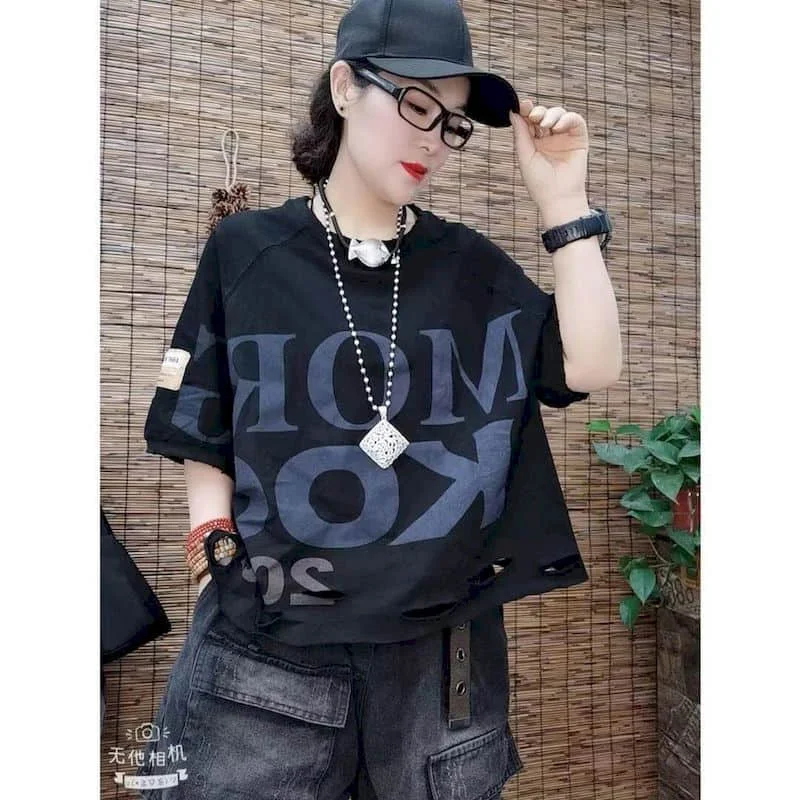 Women's T Shirt Literature And Art Retro T Shirt 2025 Summer New Loose Large Letters Hole Round Neck Short-sleeved T-shirt Women