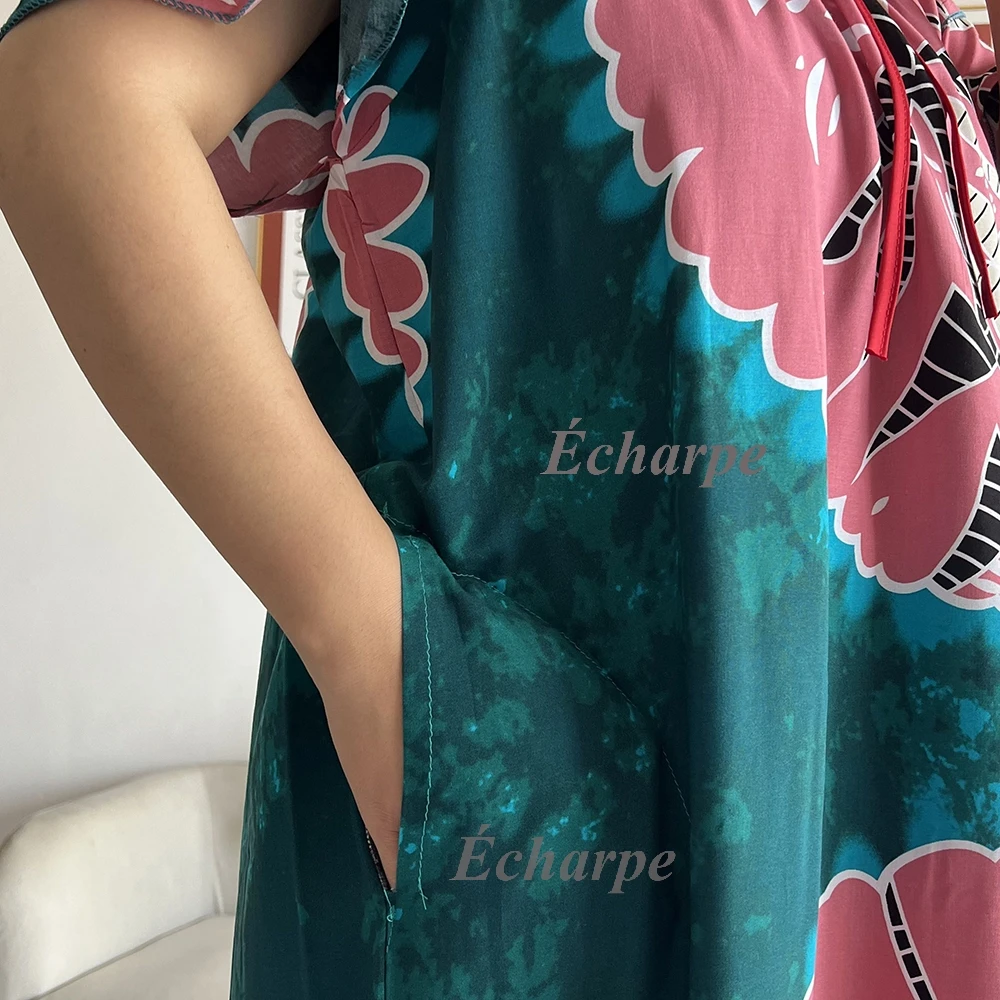 2026 African Dashiki Dress Kaftan Abaya Cotton Boat-neck Floral Dress Printed Short Sleeve Loose Women Casual Dress with Scarf
