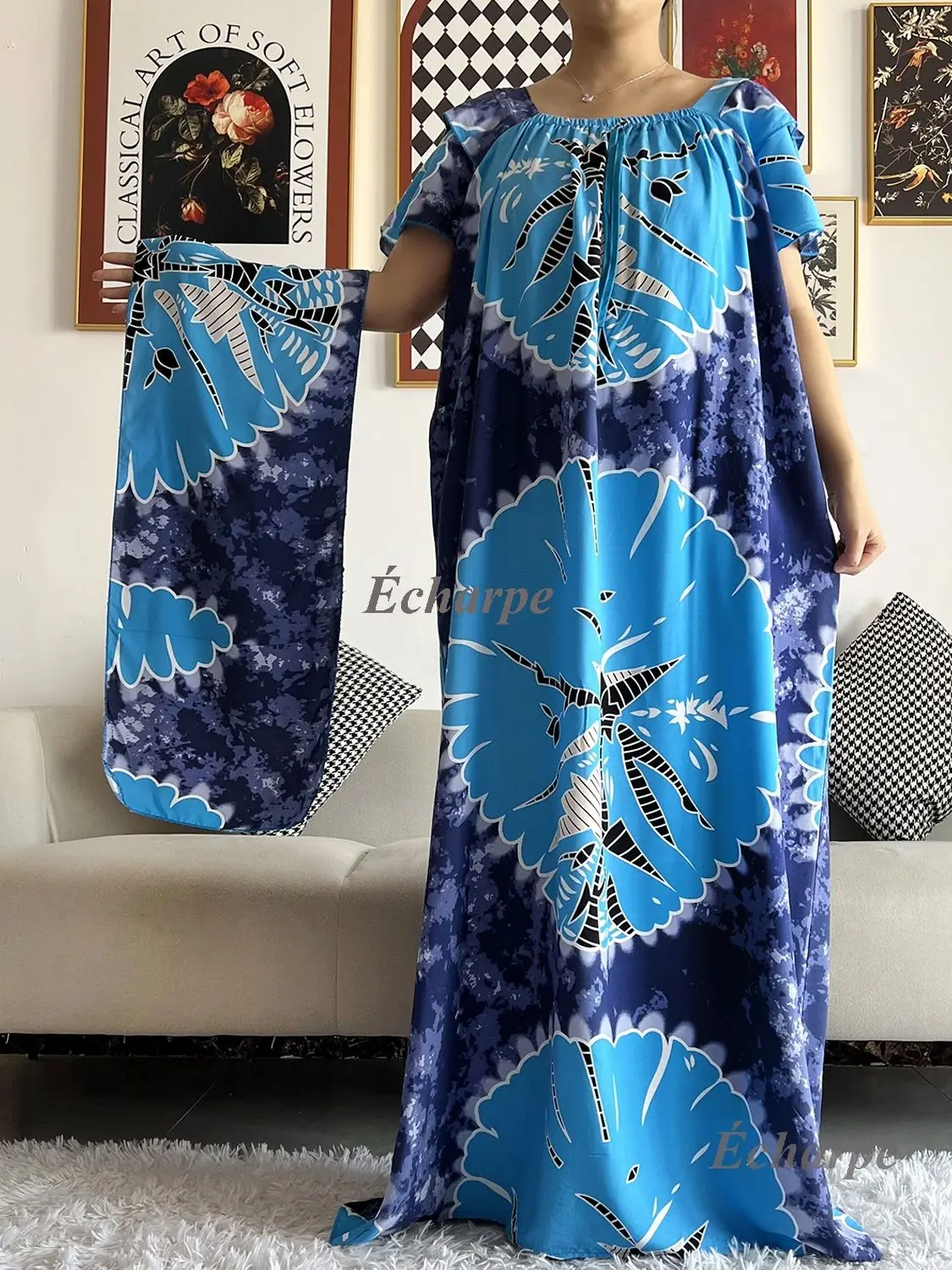 2026 African Dashiki Dress Kaftan Abaya Cotton Boat-neck Floral Dress Printed Short Sleeve Loose Women Casual Dress with Scarf