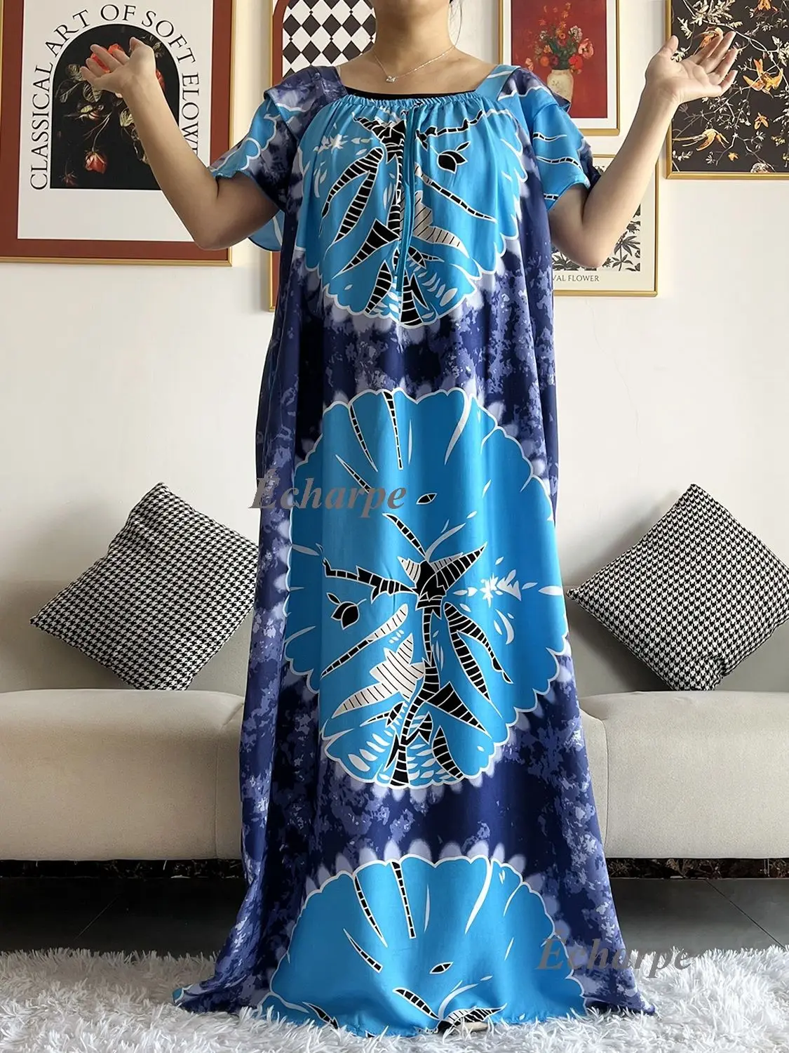 2026 African Dashiki Dress Kaftan Abaya Cotton Boat-neck Floral Dress Printed Short Sleeve Loose Women Casual Dress with Scarf